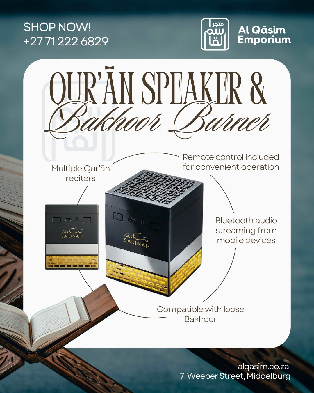 Advertisement for Quran Speaker and Bakhoor Burner with product features and contact information.