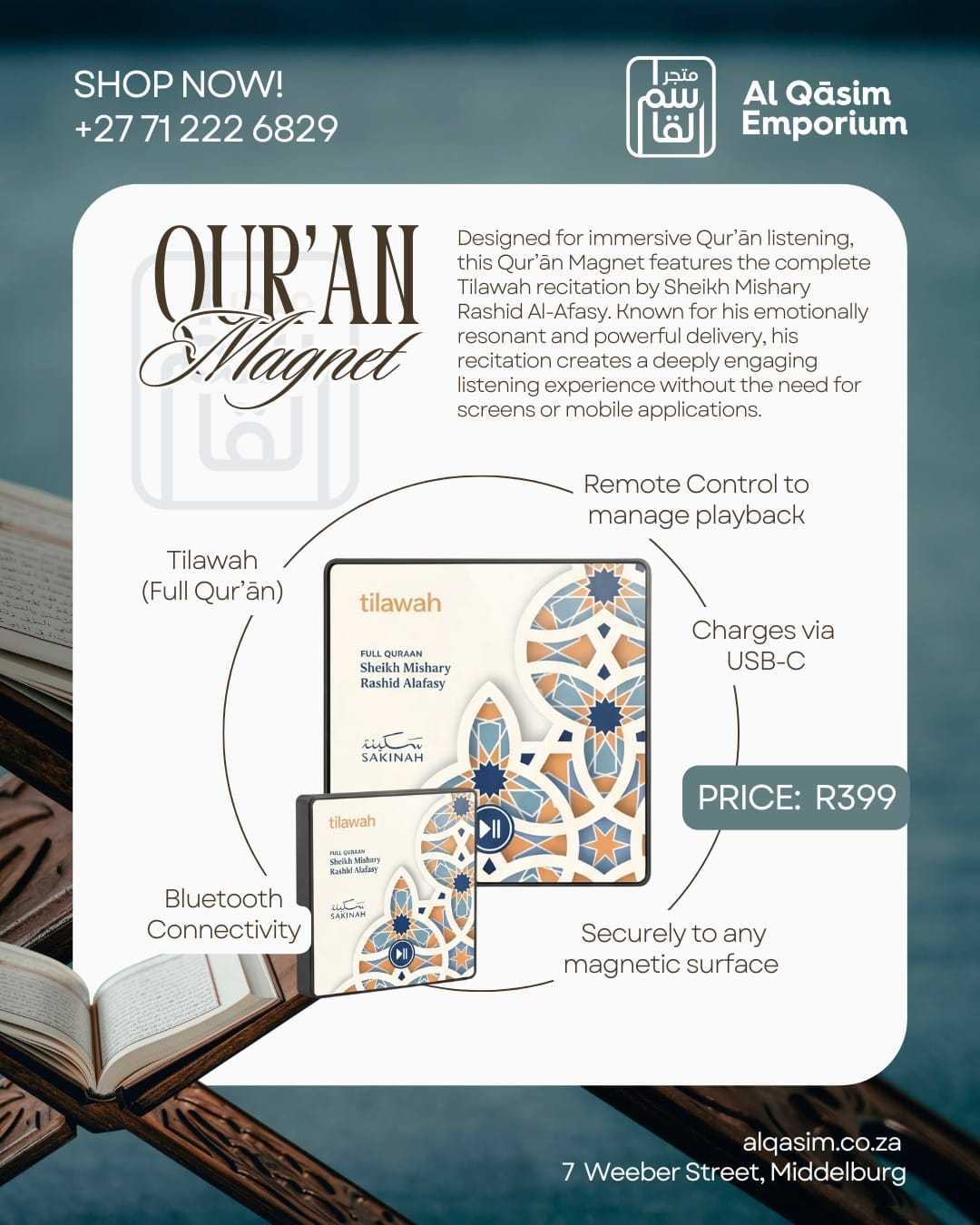 Advertisement for Al Qasim Emporium Quran Magnet with features and contact information.