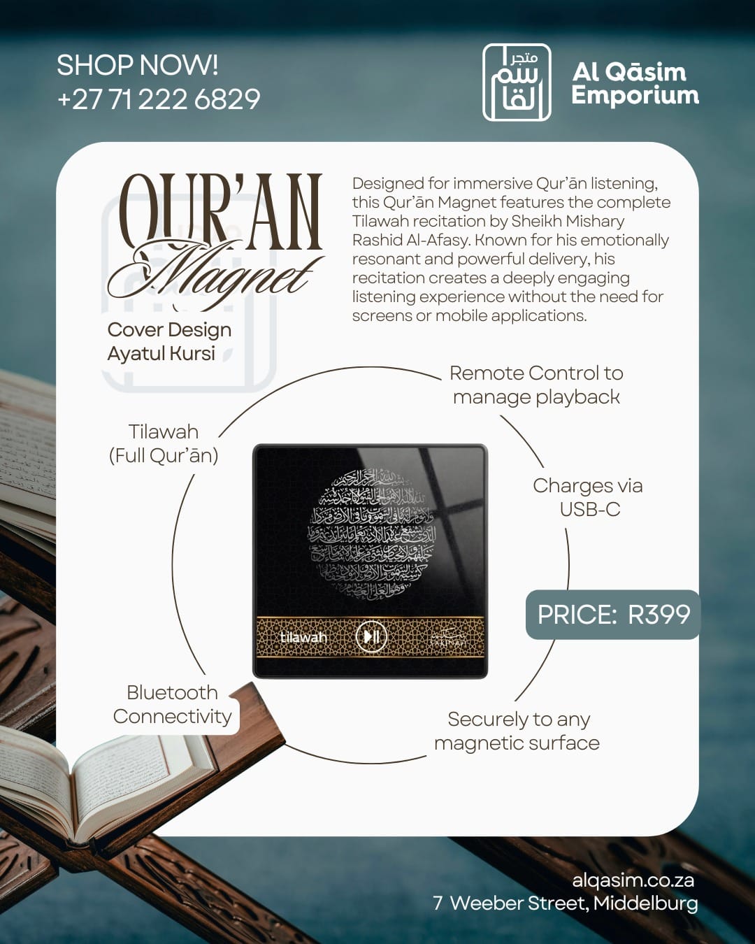 Advertisement for a Quran magnet with features and contact information on a blue background.