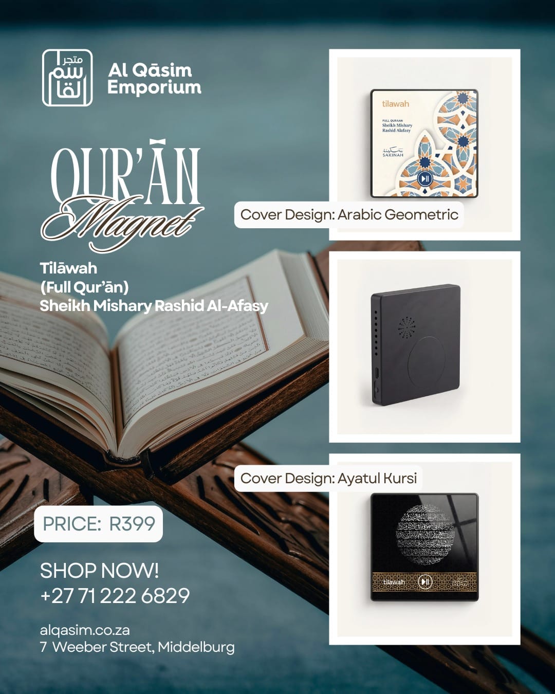 Advertisement for Al Qasim Emporium Quran Magnet with cover designs and contact information.