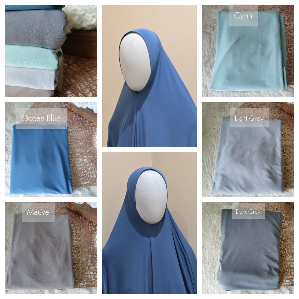 Collage of different colored hijabs on a mannequin and flat surfaces.