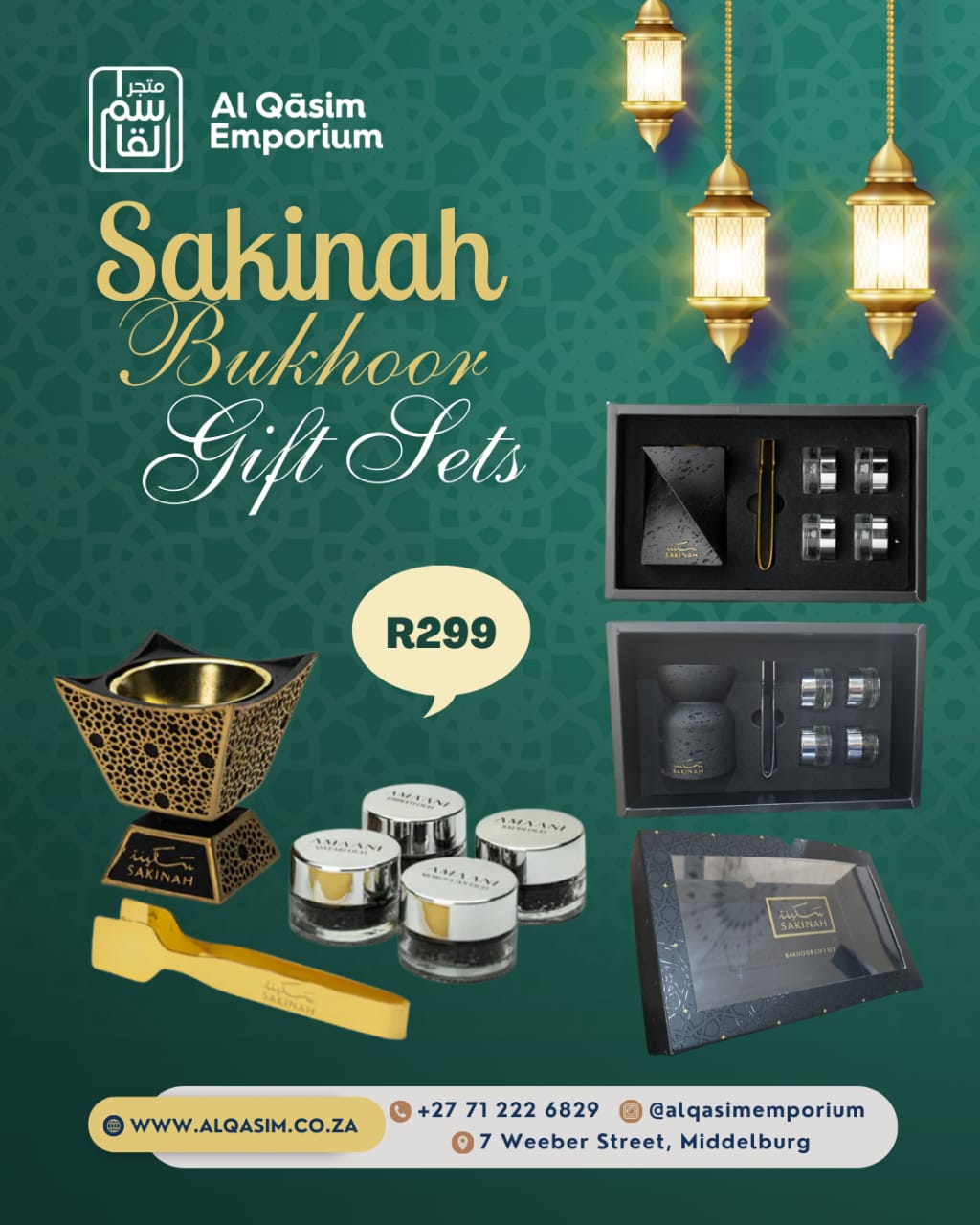 Advertisement for Sakinah Bukhoor gift sets by Al Qasim Emporium with product images and pricing on a green background.