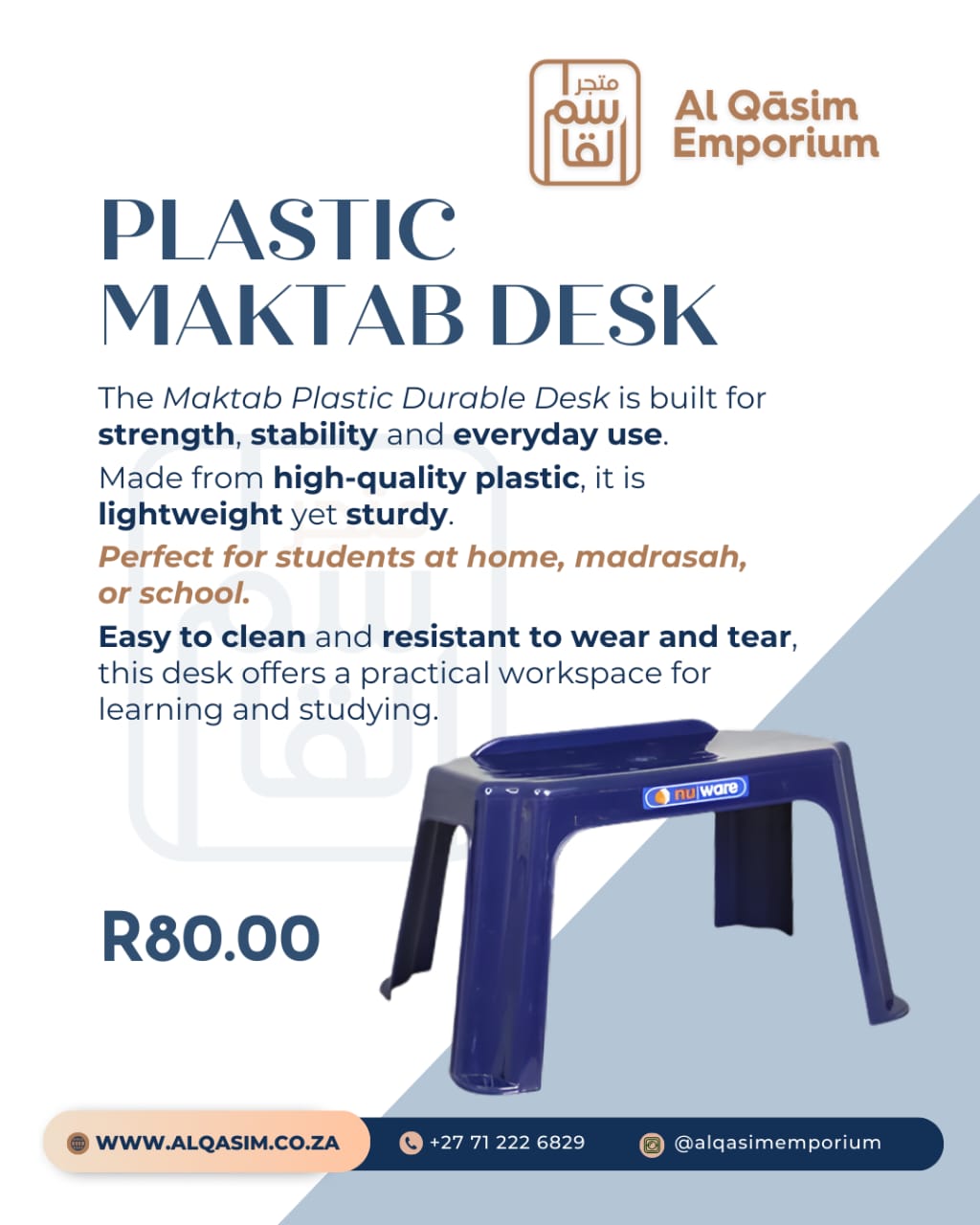 Advertisement for a plastic Maktab desk with product details and branding.