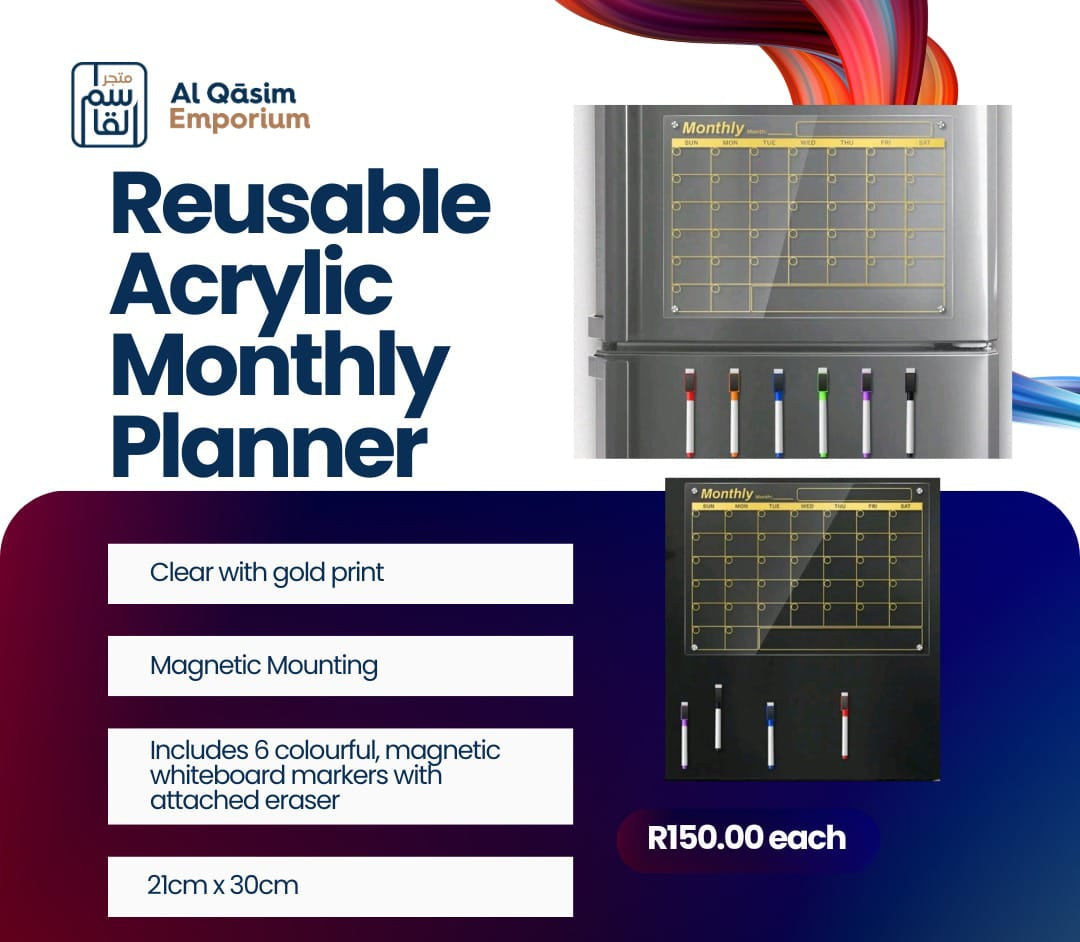 Reusable acrylic monthly planner with magnetic markers on a promotional background