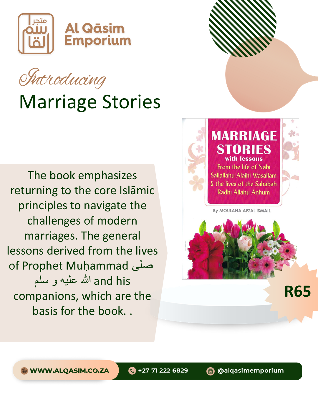Advertisement for 'Marriage Stories' book by Al Qasim Emporium with floral design and pricing information.