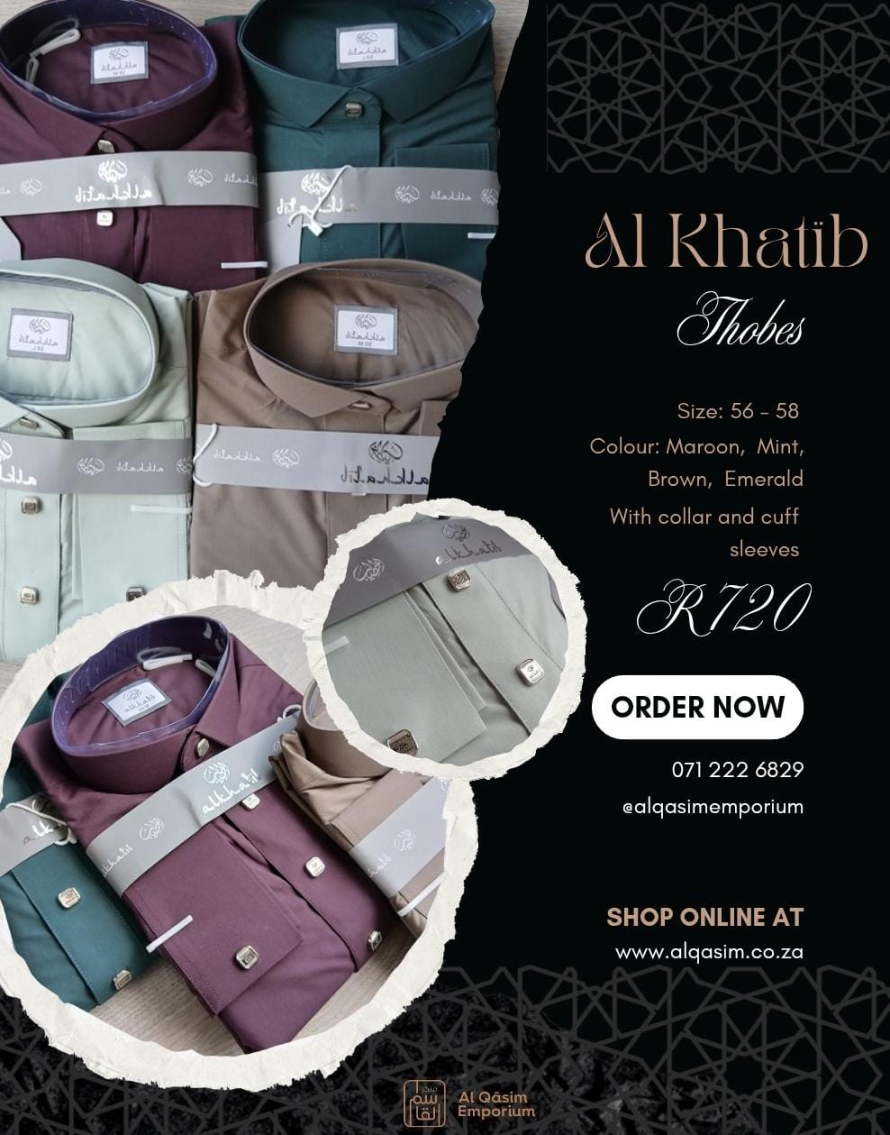 Promotional flyer for Al Khatib Thobes with images of shirts and contact information.