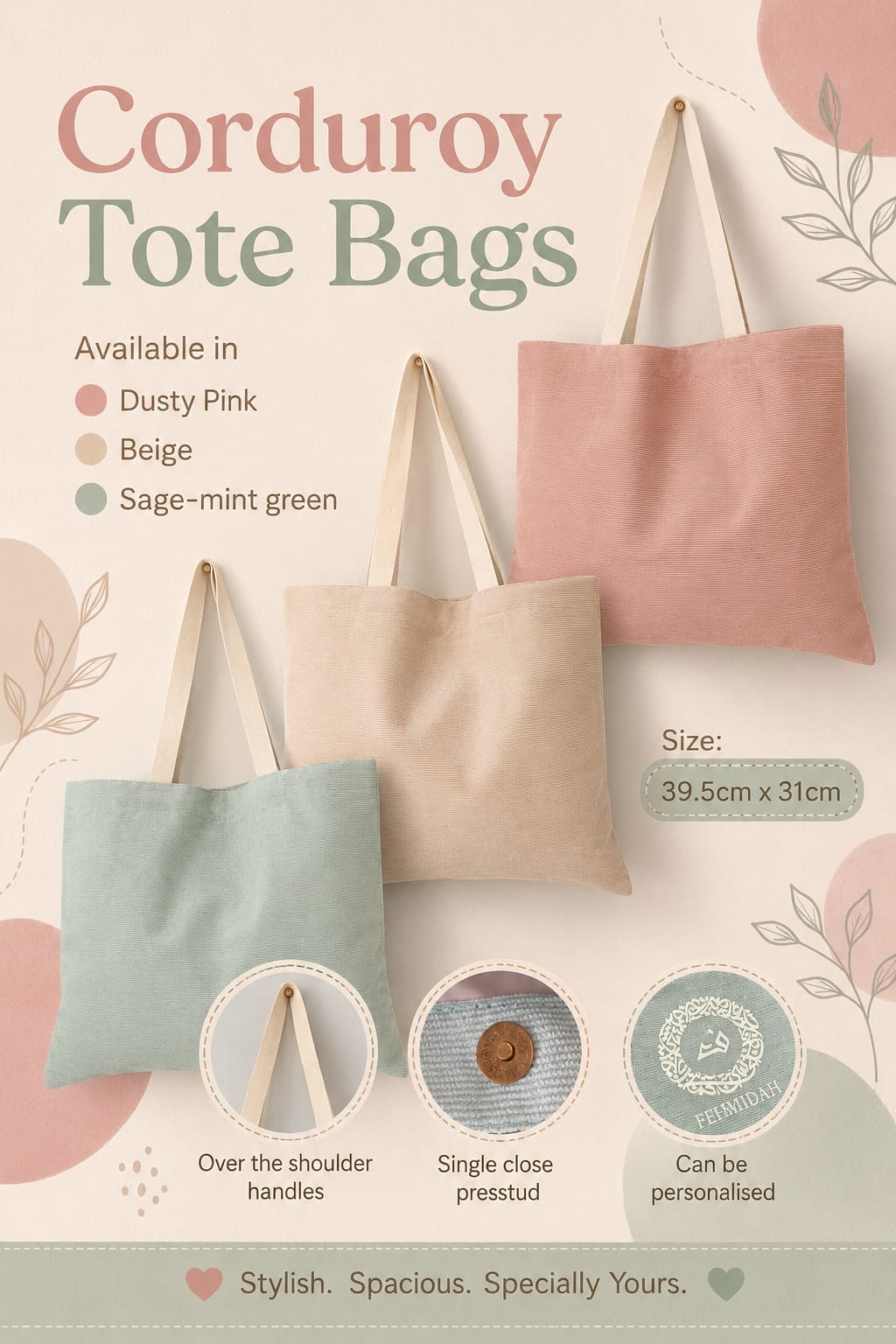 A promotional graphic for corduroy tote bags showing three color options: dusty pink, beige, and sage-mint green. The image includes text detailing the sizes (39.