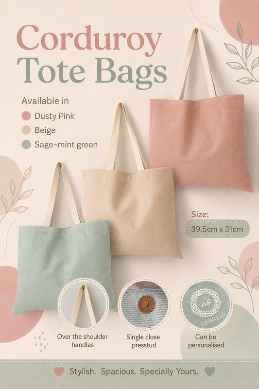 A promotional graphic for corduroy tote bags showing three color options: dusty pink, beige, and sage-mint green. The image includes text detailing the sizes (39.