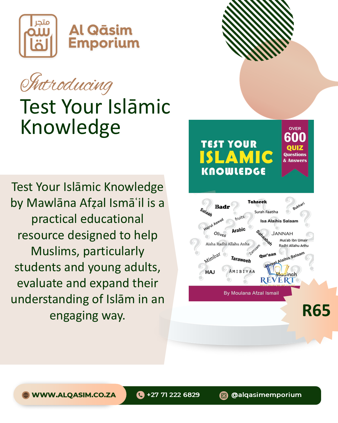 Advertisement for 'Test Your Islamic Knowledge' book by Al Qasim Emporium with product image and pricing.
