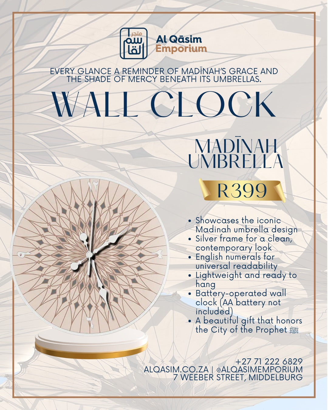 Advertisement for a wall clock with Madinah umbrella design, featuring text and contact information.