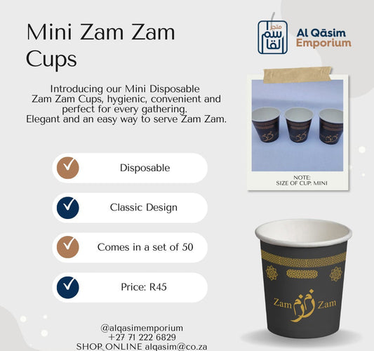 Advertisement for Mini Zam Zam Cups with product image and promotional text.